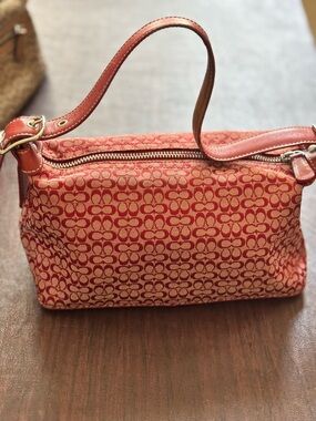 Coach Red Signature Canvas Shoulder Bag with Leather Trim